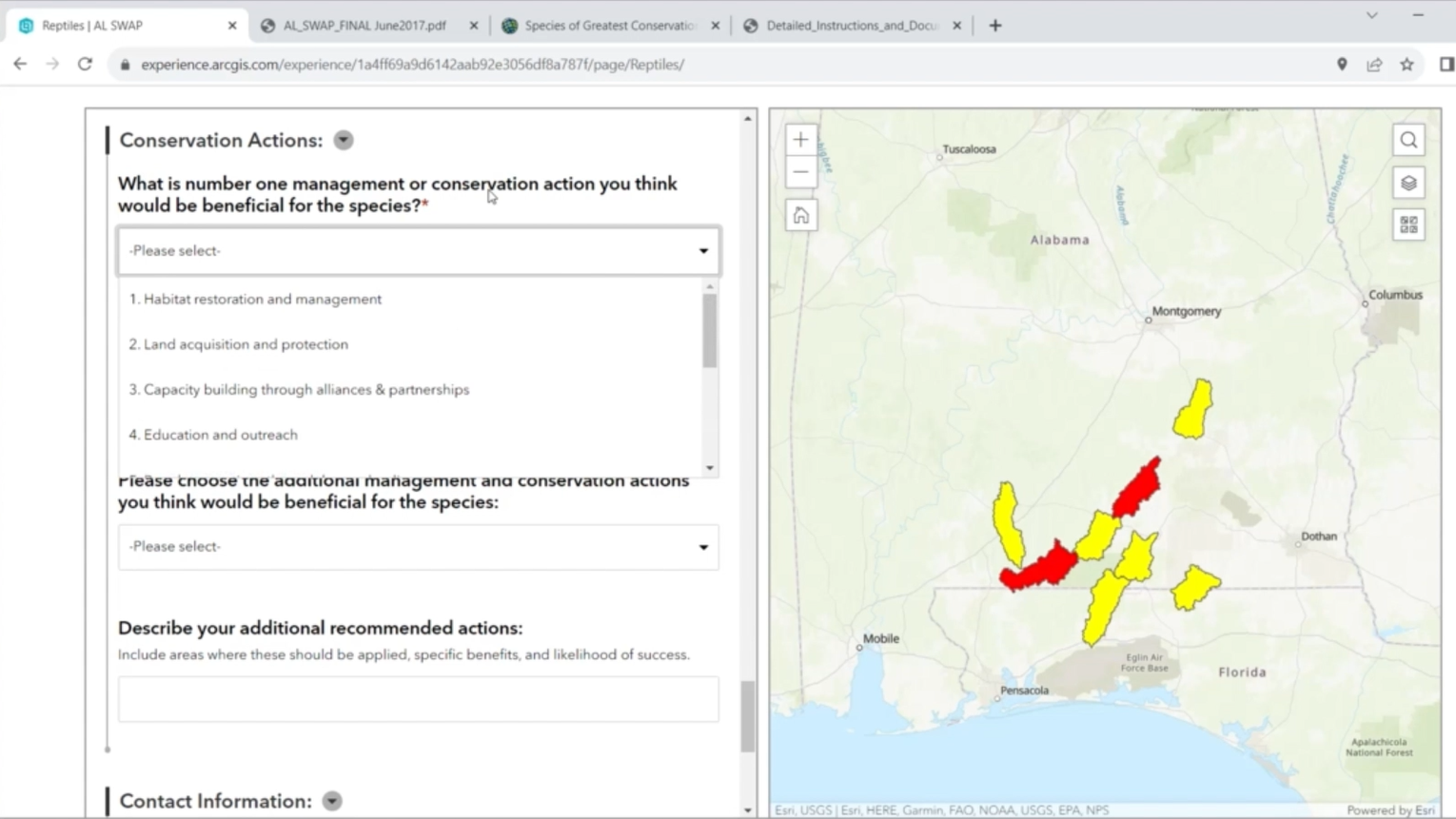 Conservation actions dropdown menu with options for habitat restoration, land acquisition, and partnerships alongside species range map.