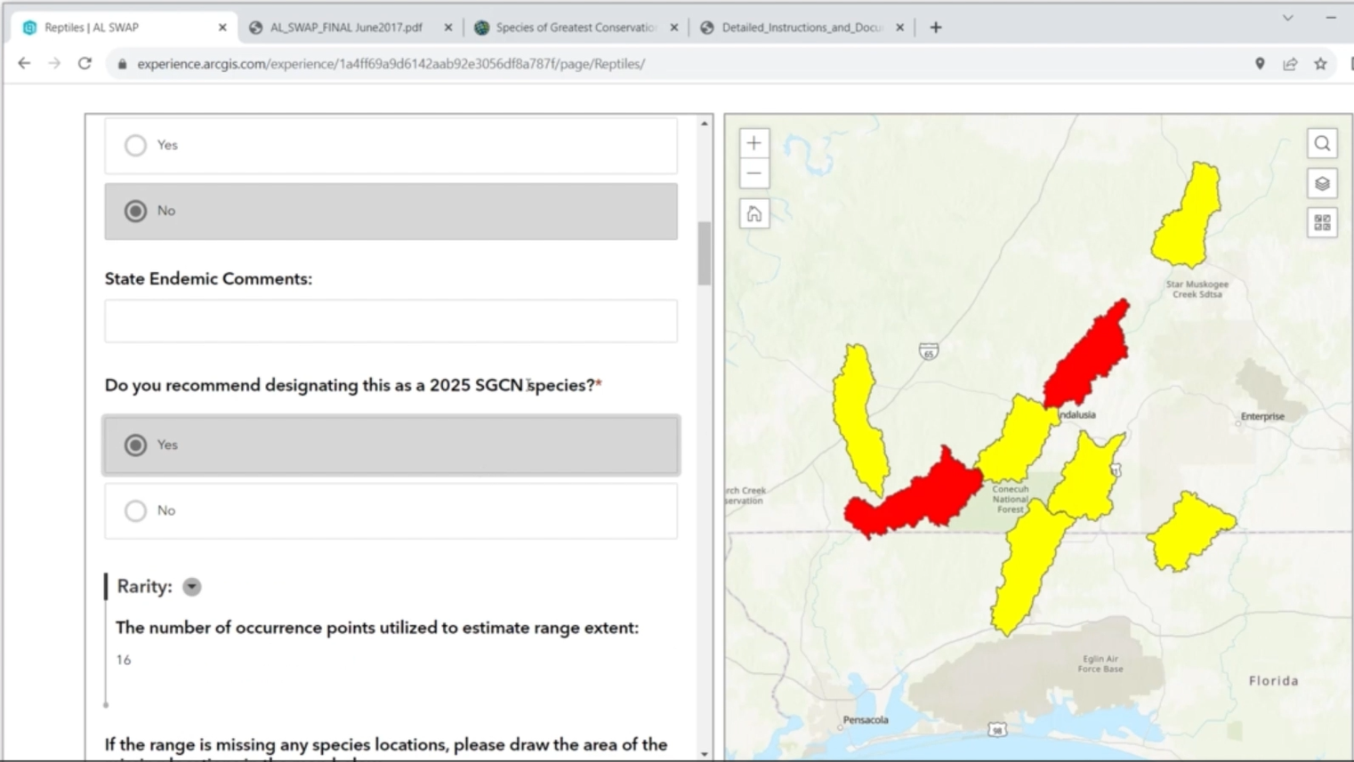Interactive map showing Escambia Map Turtle range in yellow and red across southern Alabama waterways near Florida border.