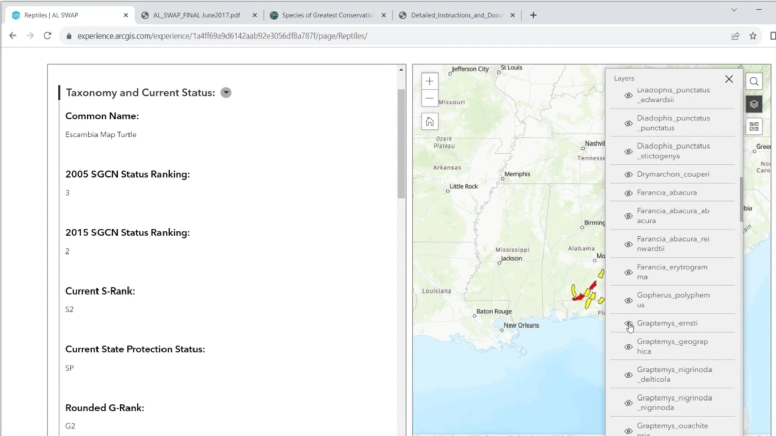 Species profile showing Escambia Map Turtle taxonomy with conservation status rankings and small range map in southeastern states.