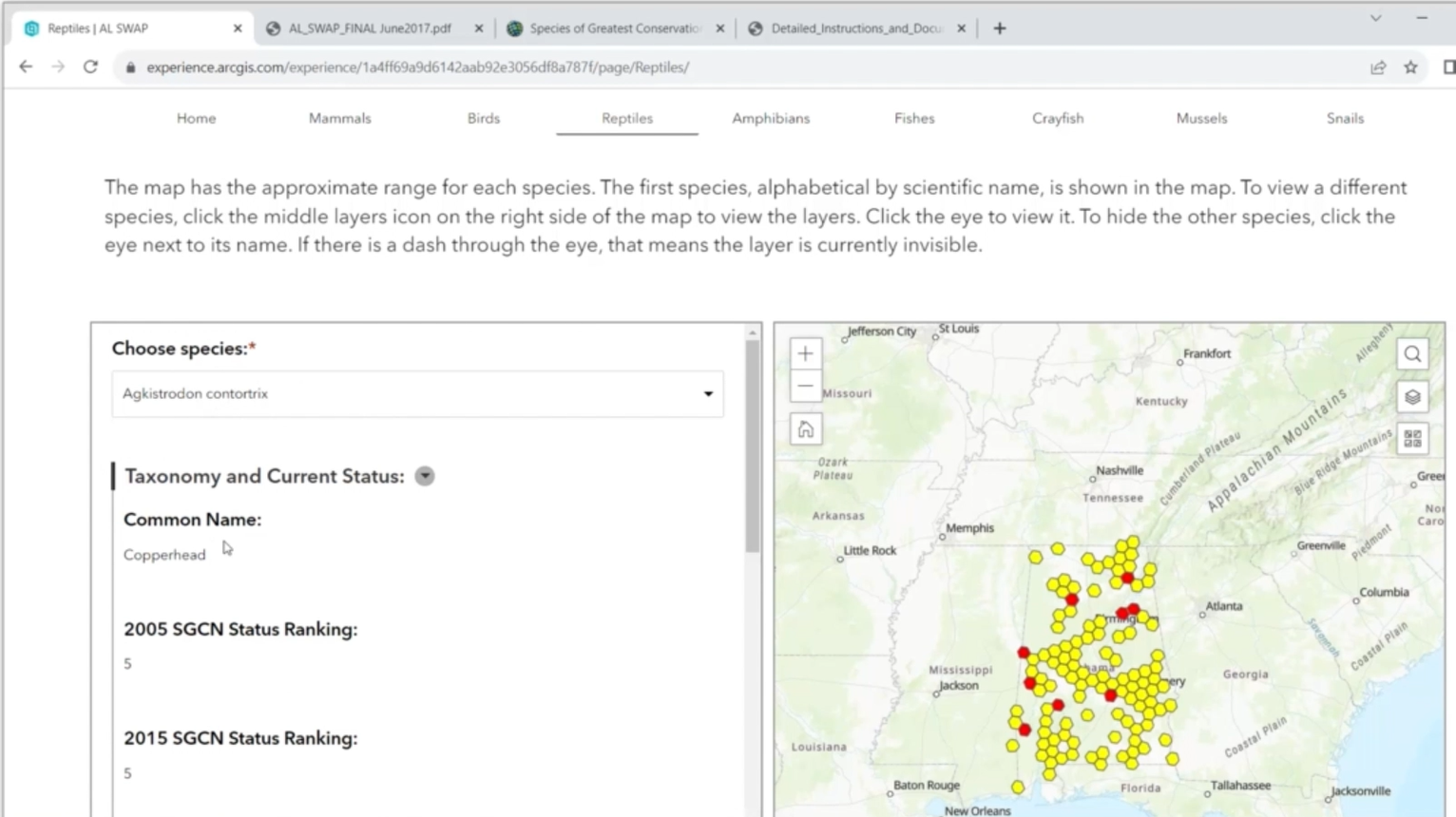 Alabama map displaying yellow and red occurrence points for Copperhead snake concentrated across central and northern regions.