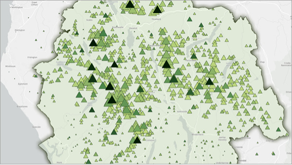 A light green map of a park in England with scattered green and black triangles