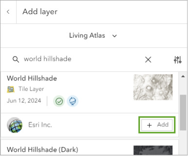 An add layer toolbar with the world hillshade option selected