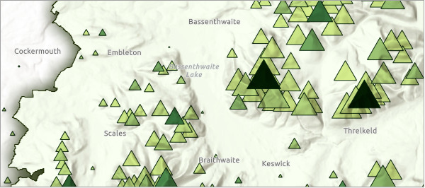 A light green map of a region of England with scattered green and black triangles