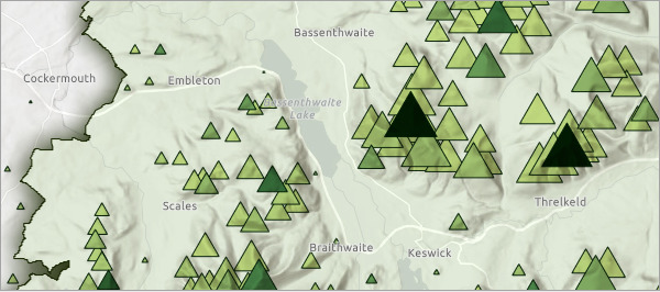 A light green map with scattered black and green triangles