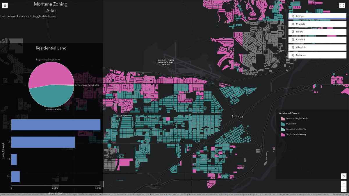Montana Zoning Atlas map of Billings showing color-coded parcels with pie chart indicating 53% single-family zoning and 48% multifamily zones.