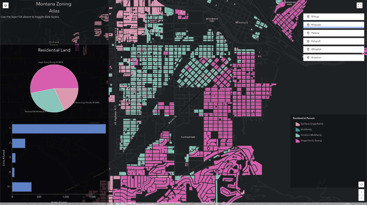 Montana Zoning Atlas map of Missoula showing color-coded parcels with pie chart indicating 55% single-family zoning and 16% de facto single-family.
