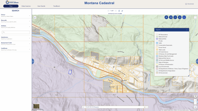 Montana Cadastral web interface showing parcel map with topographic features, search panel on left, and land ownership legend on right side.