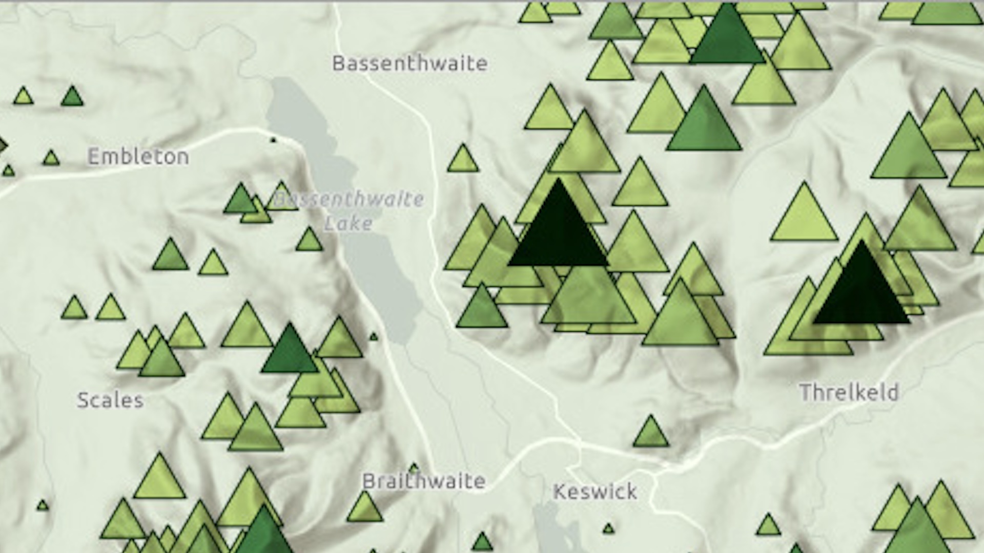 A light green map of a park in England with scattered green and black triangles