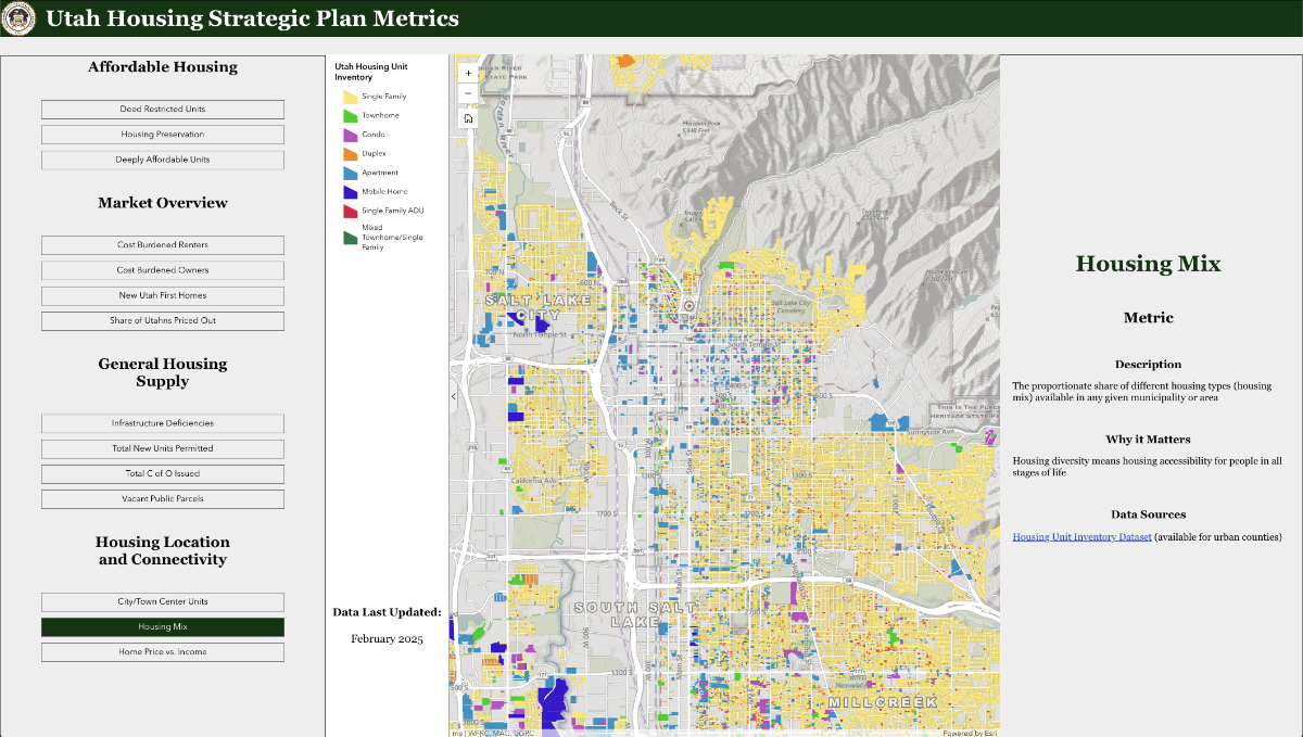 Utah housing dashboard map showing distribution of housing types including single-family, townhomes, condos, apartments, and mixed-use properties color-coded by parcel.