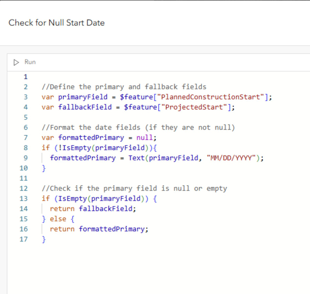Screenshot of a code snippet labeled “Check for Null Start Date.”