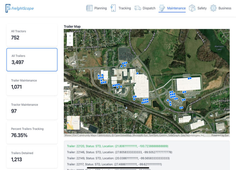 Screenshot of a tablet interface displaying the FreightScape Maintenance Page. A map shows the locations of trailers marked in blue. To the left, numbers indicate the status of each vehicle by location.