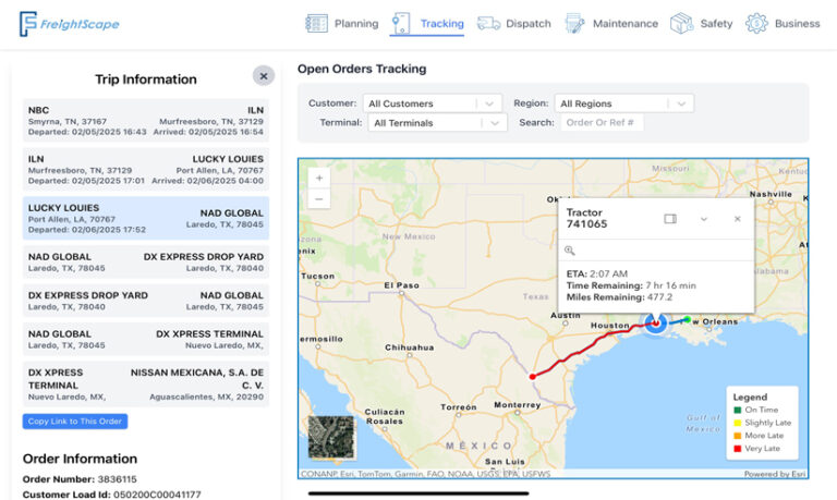 Screenshot of a tablet interface displaying the FreightScape Tracking Page. A map on the righthand side displays a route in red along the Gulf Coast. On the left, a pane labeled “Trip Information” displays data about the position and status of the vehicle.