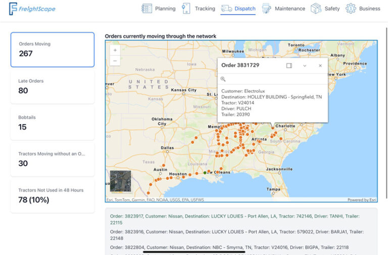 Screenshot of a tablet interface displaying the FreightScape Dispatch Page. A map on the righthand side displays orders across the southeastern United States as orange dots. A pane on the lefthand side displays various order metrics.