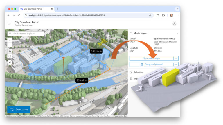 3D model of a city in which multiple buildings are also displayed with interior components, such as rooms and hallways, in the context of the larger web scene.