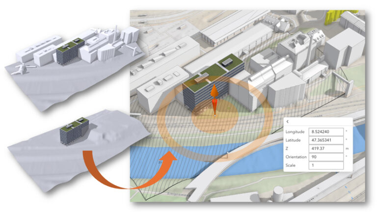 3D model of a city in which multiple buildings are also displayed with interior components, such as rooms and hallways, in the context of the larger web scene.