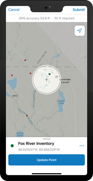 A screenshot of a smartphone interface with a map of northern Michigan, labeled “Fox River Inventory.”