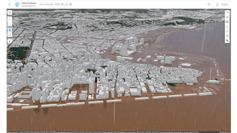 Scene Viewer screenshot displaying white 3D models of a city partially submerged in murky water.