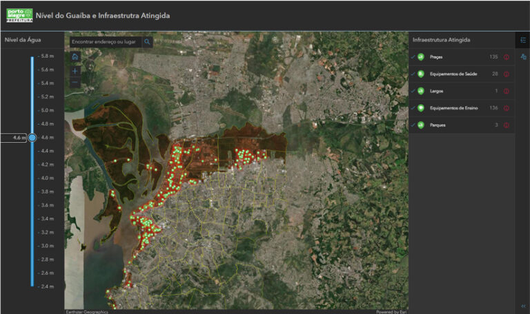 Screenshot of a map of a Brazilian city, with red and green dots marking facilities like hospitals and schools. Data points about the status of these structures are labeled in Portuguese.