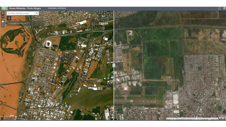 Screenshot of a map with imagery displaying Porto Alegre’s airport under normal conditions as well as while it was impacted by flooding. A slider in the center of the image separates the two displays.