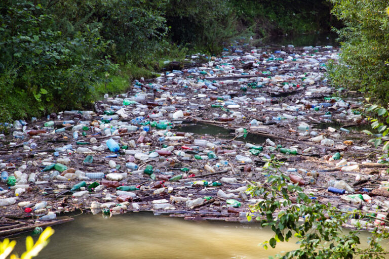 A huge number of plastic bottles and other debris flows down a river or stream between banks with thick vegetation.