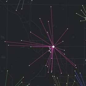 A map with purple lines radiating in many directions