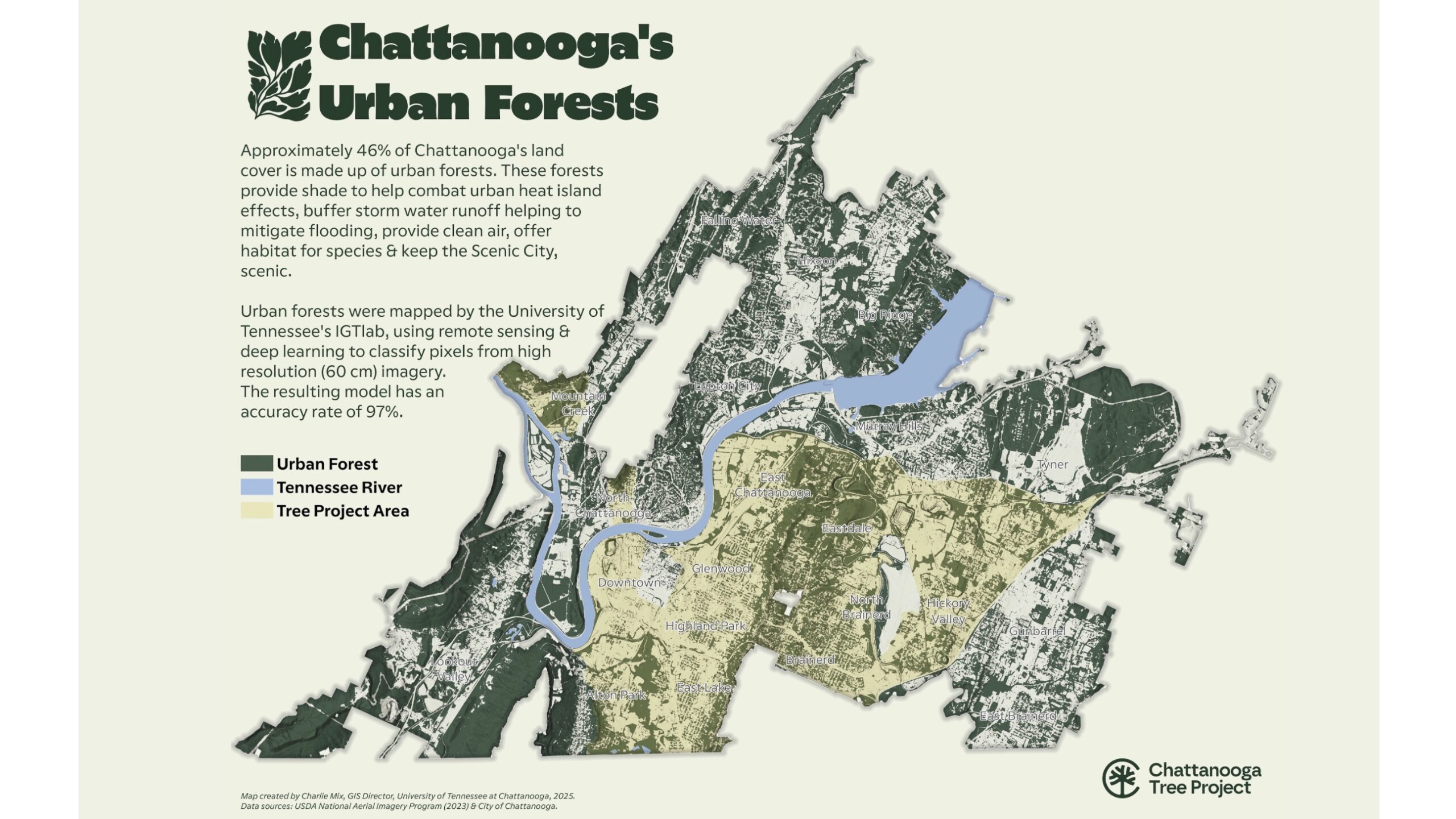 Map of Chattanooga showing urban forest in dark green, developed areas in white, and Tree Project Area in tan covering downtown and east neighborhoods.