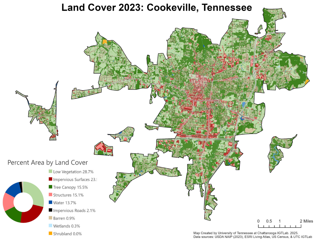 Land cover map of Cookeville, Tennessee showing tree canopy in dark green, impervious surfaces in red downtown, and low vegetation in light green.
