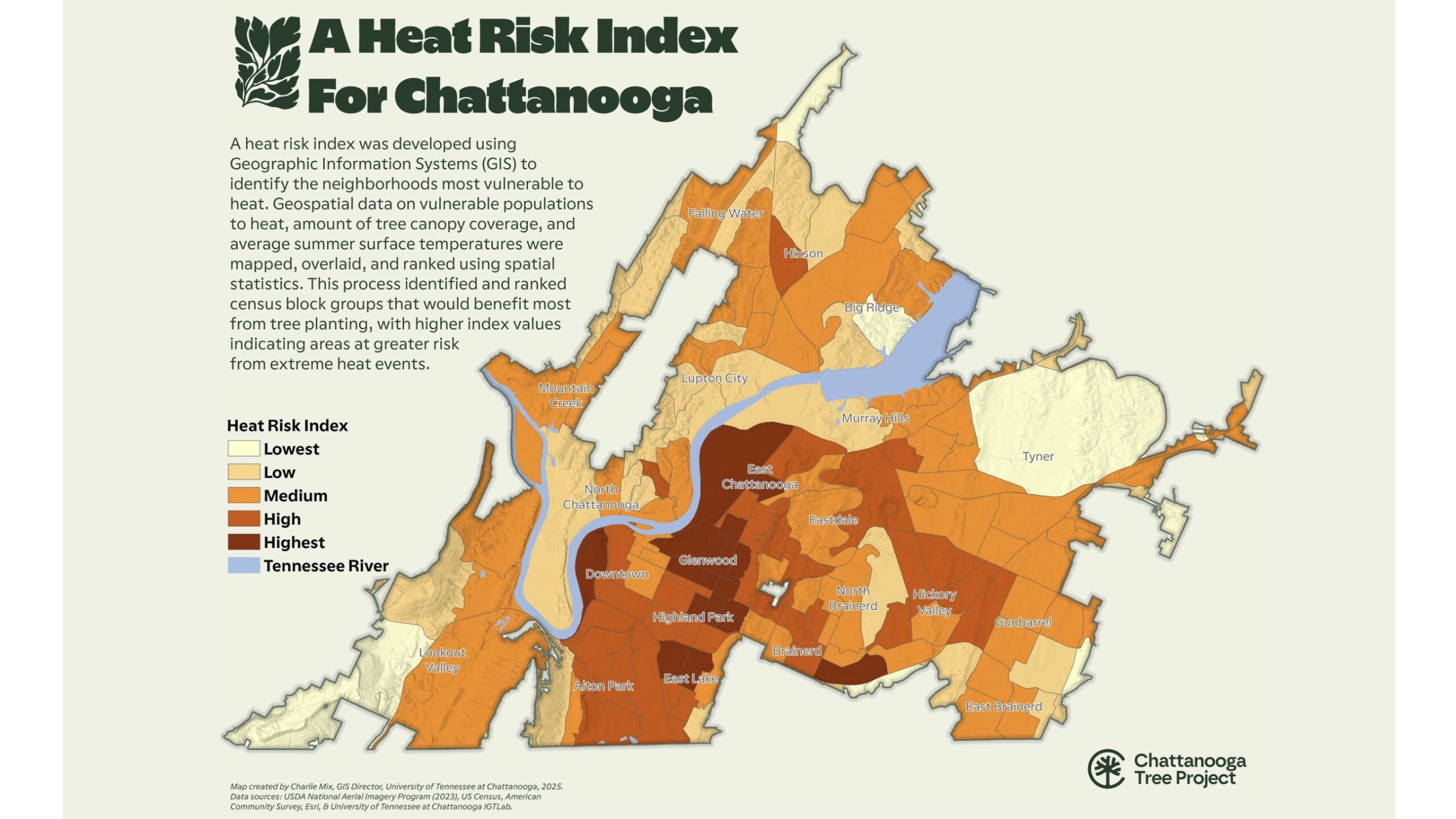 Heat risk map of Chattanooga showing downtown neighborhoods in dark brown as highest risk, with medium risk areas in orange across the city.