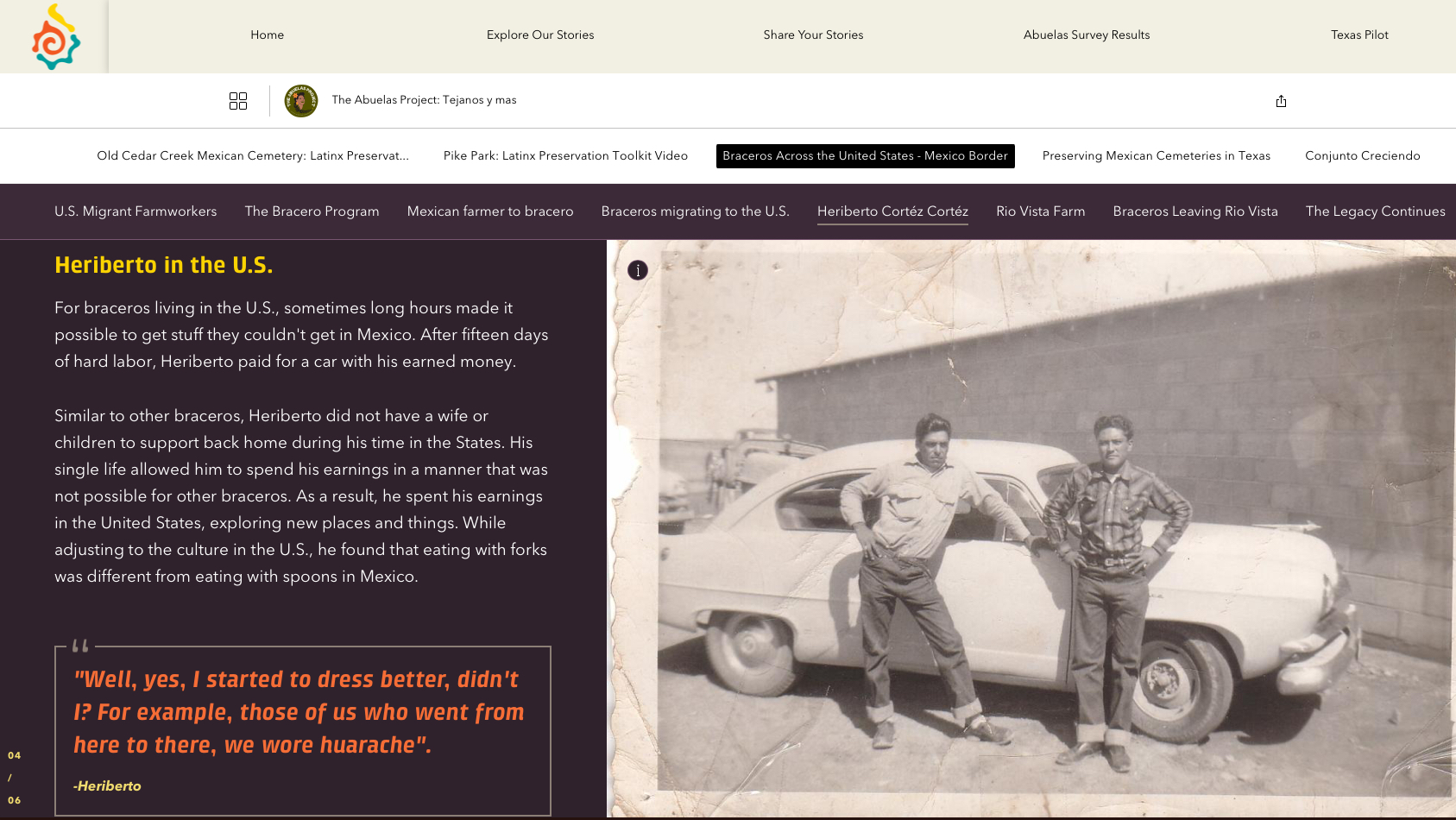 Webpage with purple background, white text, navigation bar, and photo of two men by a vintage car near an old building
