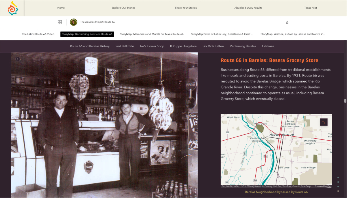 Old photo of Besera Grocery Store interior with two people behind the counter; map shows its Route 66 location in Albuquerque