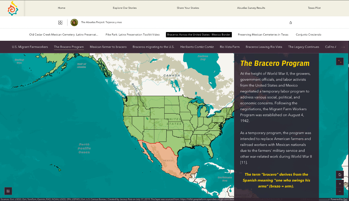 Map shows regions in Mexico and the U.S. where braceros lived and worked, with historical document visible