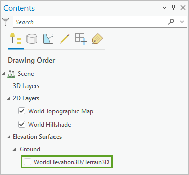 A contents bar in ArcGIS Pro showing elevation surfaces