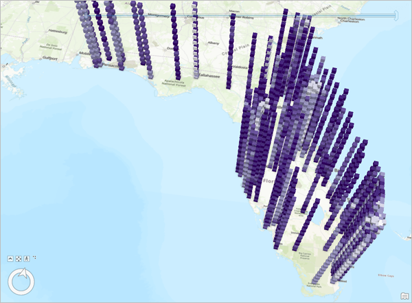 A series of connected purple 3D cubes representing a space-time cube layer
