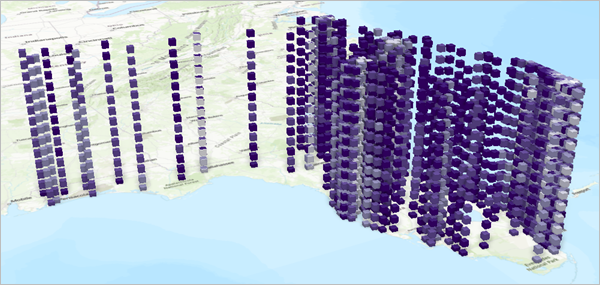 A series of connected purple 3D cubes representing a space-time cube
