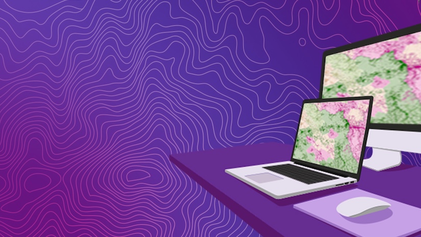 A purple abstract background with a laptop and computer monitor displaying a map