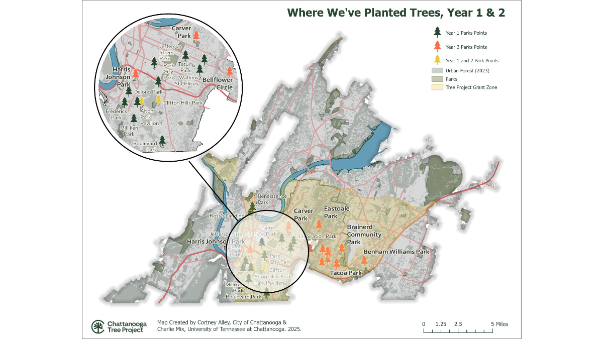 Map of Chattanooga showing tree planting locations marked with green, orange, and yellow tree icons within tan-shaded grant zone, concentrated downtown.