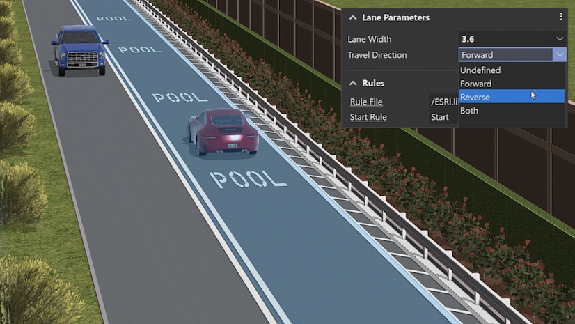 A digital rendering of a street with vehicles on it in ArcGIS CityEngine