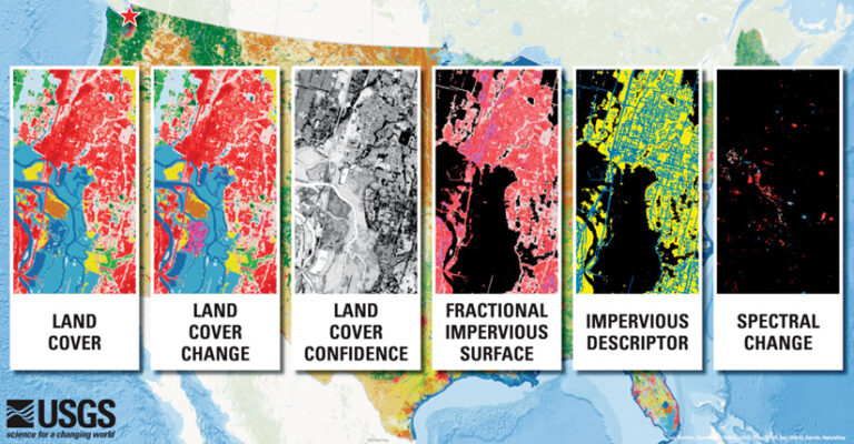 Six vertical panels display various map data visualizations over North America. From left: Land Cover, Land Cover Change, Land Cover Confidence, Fractional Impervious Surface, Impervious Descriptor, and Spectral Change.
