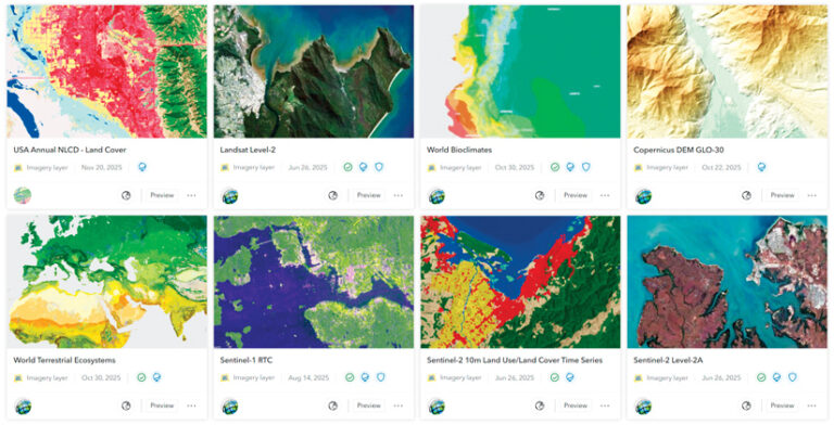 A gallery view of eight satellite imagery layers in a grid. Each displays a colorful map thumbnail with a title, e.g., USA Annual NLCD - Land.