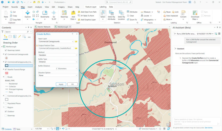 In ArcGIS Pro, a map displays a 2-kilometer teal buffer zone encircling the town of Seddon, created by an AI assistant. The "Create Buffers" tool settings are visible.