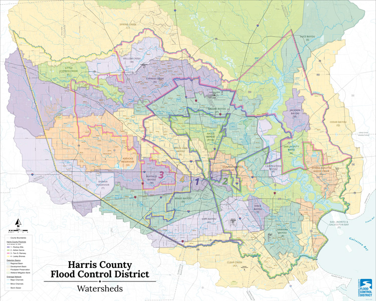 A map of the Harris County Flood Control District, showing color-coded watersheds (Cypress Creek, Buffalo Bayou), county precincts, major channels, reservoirs, and Galveston Bay at the lower right.