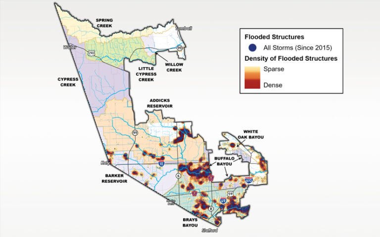 A map showing flood density since 2015, with colors ranging from orange (sparse) to dark red (dense). The highest concentrations are along Buffalo, Brays, and White Oak Bayous.