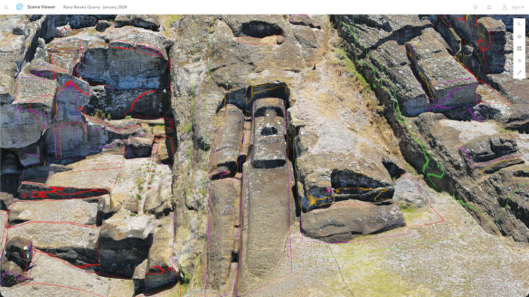 Aerial digital rendering of Rano Raraku quarry, showing a large, unfinished Moai statue horizontally embedded in the rock face, overlaid with colorful digital outlines of statues and geological features.