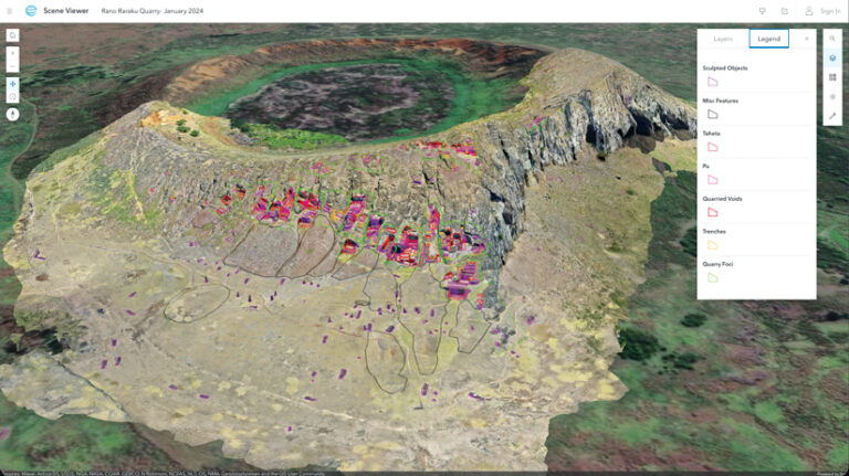 3D model of Rano Raraku Quarry, a volcanic crater, showing archaeological features like "Sculpted Objects," "Quarried Voids," and "Trenches" with colorful overlays and a legend.