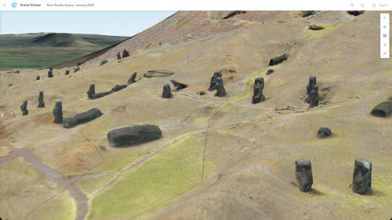 Digital 3D rendering of Rano Raraku Quarry, depicting numerous Moai statues on a grassy hillside; some stand upright and partially buried, others lie horizontally.