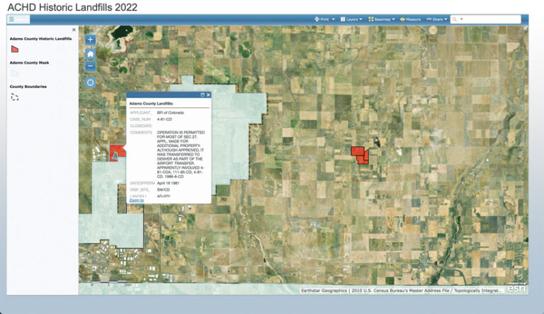 The "ACHD Historic Landfills 2022" digital map. It shows a satellite view of Adams County with red polygons marking historic landfills. A pop-up displays details for a selected landfill: applicant BFI of Colorado, permit date April 19, 1981.