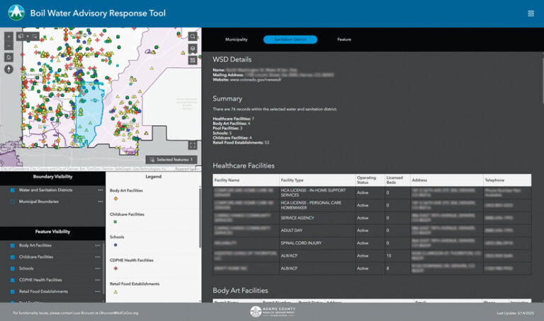 The Boil Water Advisory Response Tool. A map on the left shows facility icons within a water district. The right panel summarizes and lists healthcare, school, and retail food establishments.