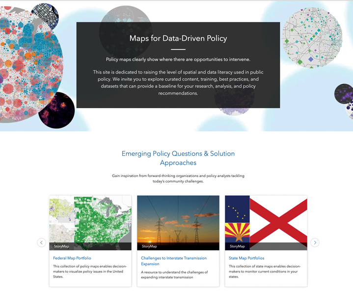 A screenshot of a webpage titled "Maps for Data-Driven Policy." Below, "Emerging Policy Questions & Solution Approaches" features three resources: "Federal Map Portfolio" with US maps, "Challenges to Interstate Transmission Expansion" with power lines, and "State Map Portfolios" with state flags.