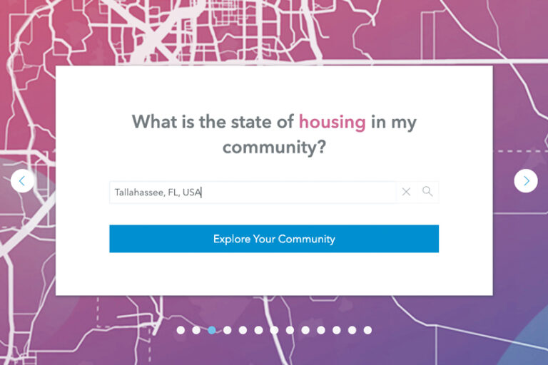 A website search box queries, "What is the state of housing in my community?" with "Tallahassee, FL, USA" pre-filled.