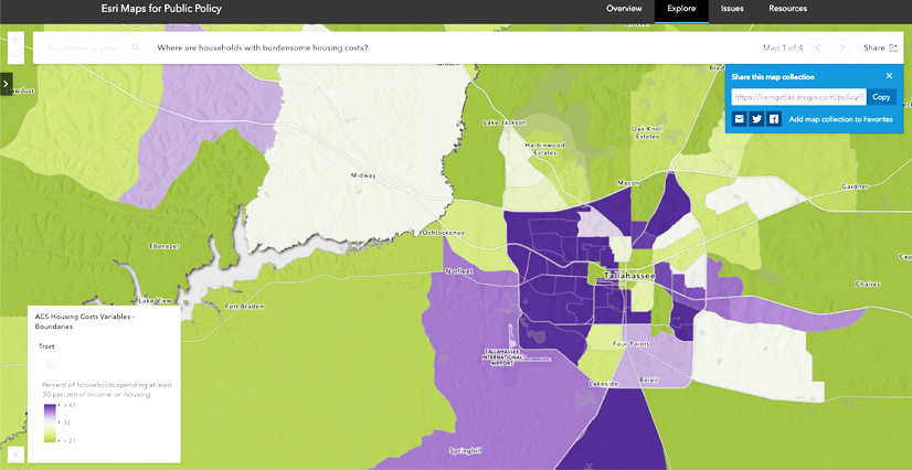 A color-coded map from Esri showing burdensome housing costs in Tallahassee, Florida. Dark purple indicates over 43% of households have burdensome costs, green under 21%. Central Tallahassee is dark purple.